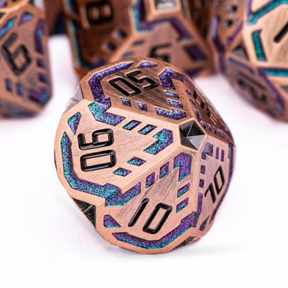Metal DND Sci-fi Dice Set 7PCS Stripe Polyhedral Dice for Dungeons Dragons RPG Role Playing Game, Glitter D and D Dice with Gift Box D6 D8 D10 D12 D20 (Ancient Bronze&Green Purple) - color: Ancient Copper - Green Purple