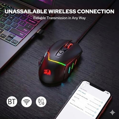 Redragon M690 MAX Wireless RGB Gaming Mouse 12800 DPI Remapping Keys | Cable-Free 0 Delay, Redefine Keybinding Macro, Vibing Backlight, Ergonomic Grip Body Comfort - style: M690 MAX