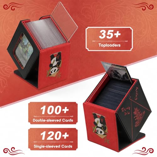Chinese Takeout Deck Box Fits 35+ Toploader (Black and Red) | Holds 120 Single/100 Double-Sleeved Cards, Fit MTG/PTCG/OPTCG Cards, Strong Magnet, PU Leather, With 2 Dividers & 1 Toploader - color: Black and Red