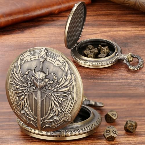 Mini DND Dice Set with Steampunk Paladin Pocket Watch Shell Case, DND Starter Set, 7pcs Polyhedral Mini Metal Dice Set, D&D Gifts with Gift Box, Role Playing Board Game Accessories,Bronze - color: Bronze + Gift Box