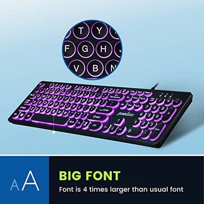 Perixx PERIBOARD-317R Wired Backlit USB Keyboard - Big Print Letter - Tri-Color Illuminated LED - Stylish Round Keycaps - US English - style: Tri-Color Backlit