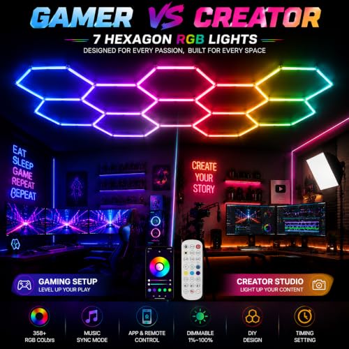 31Pack RGB 7 Hexagon LED Garage Lights - Music Sync Color Changing,App & Remote Control,358 Modes DIY Honeycomb Light for Gaming Room,Gym,Garage - color: RGB-31Lights-7Hexagon