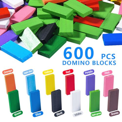 OBTANIM 600 Pcs Colorful Wooden Domino Blocks Set Tile Bulk Building Racing Stacking Games Educational Toys for Kids Birthday Party Favor