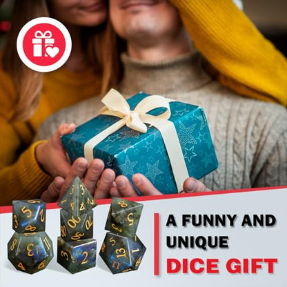LUCKY-M Labradorite Gemstone DND Dice Set, 7 PCS Dungeons and Dragons Dice with Case for RPG, Unique Stone Dice Set D&D D4 D6 D8 D10 D00 D12 D20(LD-Gold) - color: Ld-gold