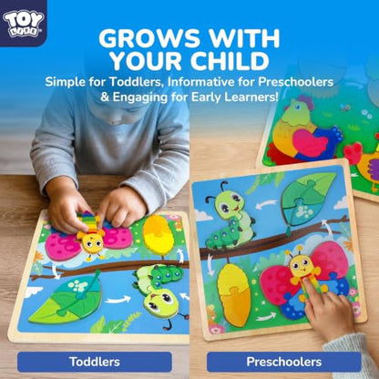 TOY Life Life Cycle Toys Puzzles for Kids, Wooden Puzzles for Toddlers 2-4, 4 Large Pieces Animal Puzzle for Toddlers 1-3, Montessori Toys for 1 2 3 Year Old Boy Girl, Baby Kids Educational Toy