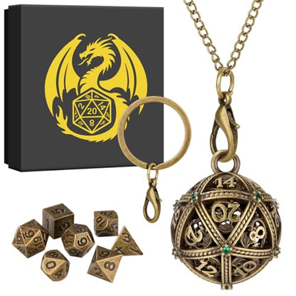 Mini DND Dice Set with Spherical Hollow D20 Metal Case Portable Keychain Necklace, Tiny 7pcs Polyhedral D&D Dice Set, DND Gifts with Gift Box, D&D Accessories for RPG（Green Diamond, Bronze） - color: Bronze