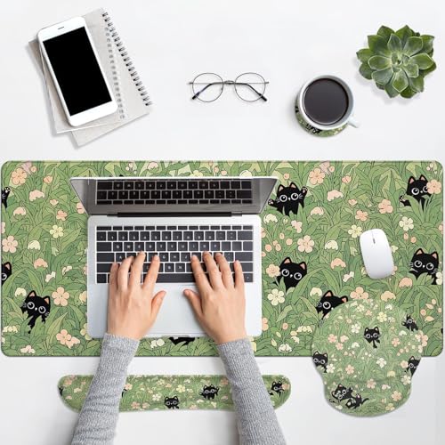 Arttown Cute Black Cat Desk Mat Pink Flower Green Leaves Mouse Pad Set 4 in 1 Ergonomic Design Large Desk Pad + Keyboard Wrist Rest + Mouse Wrist Rest + Coaster Suitable for Home Office Study Game - color: Black Cats