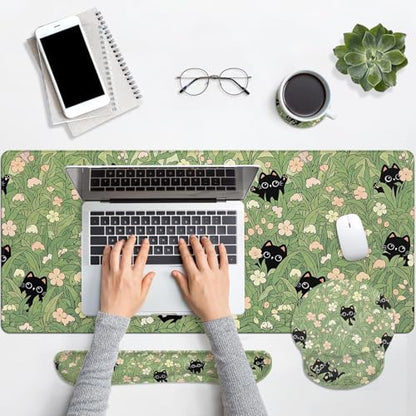 Arttown Cute Black Cat Desk Mat Pink Flower Green Leaves Mouse Pad Set 4 in 1 Ergonomic Design Large Desk Pad + Keyboard Wrist Rest + Mouse Wrist Rest + Coaster Suitable for Home Office Study Game - color: Black Cats
