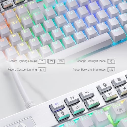 Redragon K550 RGB Gaming Keyboard, 104 Keys + 12 Macro G Keys Wired Mechanical Keyboard w/Aluminum Top Plate, Custom Clicky Purple Switch, Extra USB Port & Wrist Rest - color: White