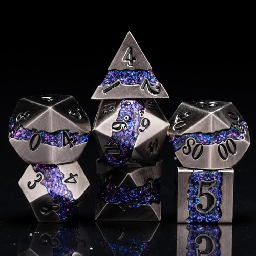 Premium Metal Dice Set for DND, 7PCS Polyhedral RPG Dice with Galaxy Glitter Inlay, Unique Metal Dice for Dungeons and Dragons Players - color: Antique Nickel Violet