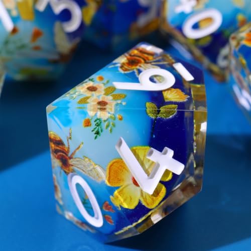 XENOLUX Resin DND Dice Set, Polyhedral RPG Dice for Dungeons and Dragons Board Games - Blue Sky White Clouds Bee & Flower Theme - Sharp Edge Handmade Solid Nature Dice (L14) - color: L14