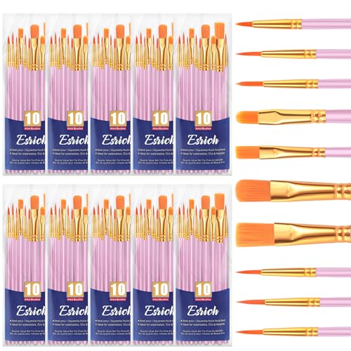 ESRICH Acrylic Paint Brushes Set, 10 Packs/ 100 Pcs Watercolor Brushes,Nylon Brush Head, for Oil Painting, Gouache, Face,Ceramics etc, Kid's and Adults Painting Arts and Crafts Paint Sets. - color: Pink, size: 100