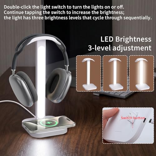 3 in 1 Gaming Headphone Stand with Wireless Charger, Desktop Headset Holder Hanger Rack, Wireless Charging Station Compatible for iPhone Series, PS5, Xbox, PC Gaming Desk Accessories - color: Black