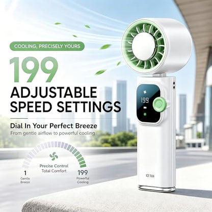 Portable Handheld Fan with Ice Cooling Personal Rechargeable Mini Neck Fan | 20000RPM,199-Speed 4000mAh Battery Powered up to 15hrs with LED Display for Travel, Camping & Outdoor, White - color: White-Green