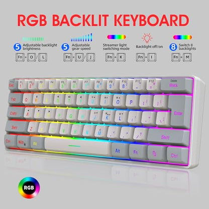 Snpurdiri 60% Wired Gaming Keyboard, 61 Keys RGB Backlit Small Gaming Keyboard for PC/Mac Gamer, Typist, Travel, Easy to Carry on Business Trip(Grey-White) - color: Grey and White
