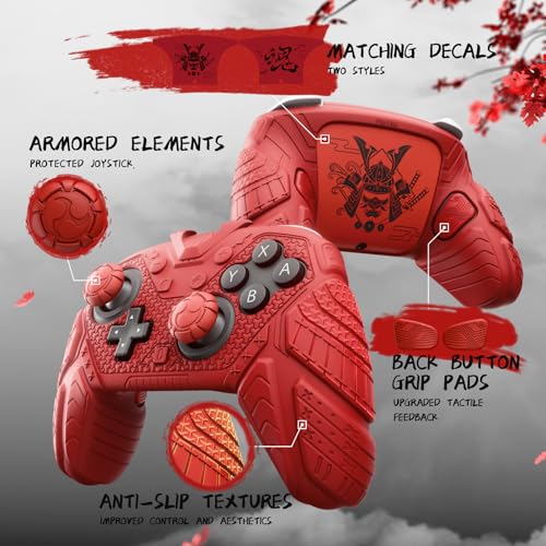 PlayVital for Nintendo Switch 2 Pro Controller Skin Cover – Samurai Armor Edition Silicone Case for Switch 2 Pro Controller with Back Button Caps & Thumb Grip & Sticker, Shockproof - Red - color: Red
