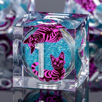 KERWELLSI Cat Liquid Core DND Dice Set with Gift Box, 7Pcs Resin Dungeons Sharp Edge D&D Dice, Dragons D and D Role Playing Dice D20 D12 D10 D8 D6 D4, Blue and Purple Cat - color: Blue Purple Cat