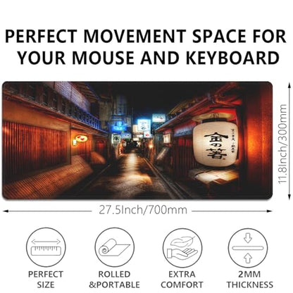 Japanese Street Lantern Large Mouse Pad Desk Pad, 27.5x11.8in Tokyo Night Scene Extended Keyboard Mousepad with Stitched Edges, Non-Slip Waterproof Rubber Base for Office, Computer, Laptop & Home - color: Japanese Street Scene at Night