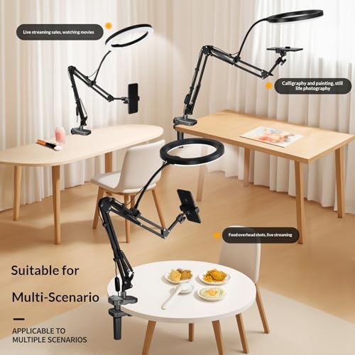 Overhead Camera Mount and Phone Holder with 10” Ring Light Canvas Lamp Adjustable Desk Tripod Stand Compatible with Logitech Webcam for YouTube, Live Streaming, TikTok, Cooking, Nail Video