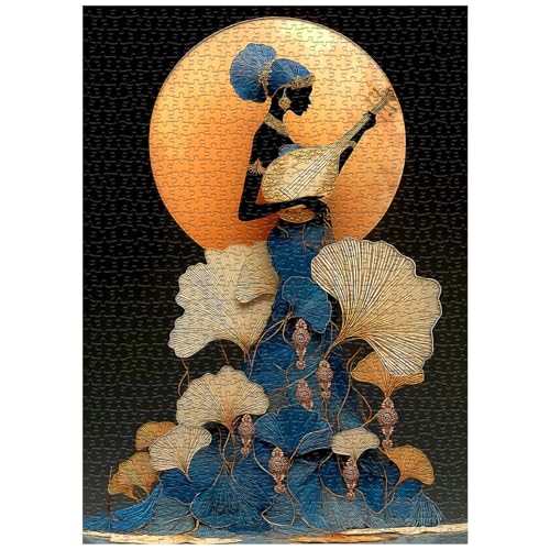 Impossible Puzzles for Adults 1000 Pieces，Music Lady Puzzles, Black Woman Puzzle Art Feature Leaf Moon Musical Instruments,Elegant Puzzle as Wall Decor - style: Moonlit Lute Woman puzzle