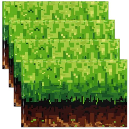Pixelated Kids Placemats Set of 4,Patchwork Grid Video Games Table Place Mats,Miners Lattice Simple Kitchen Decor,Brown Green Placemat Kitchen Table Decoration 12"x18" - color: Brown Green