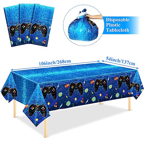 gisgfim 3pcs Video Game Tablecloths Gamer Tablecloth Birthday Party 106x54 Inch Gaming Party Plastic Table Cover Blue Gamer Table Cloth Game On Birthday Supplies for Kids Gaming Decor Favors