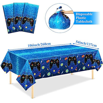 gisgfim 3pcs Video Game Tablecloths Gamer Tablecloth Birthday Party 106x54 Inch Gaming Party Plastic Table Cover Blue Gamer Table Cloth Game On Birthday Supplies for Kids Gaming Decor Favors