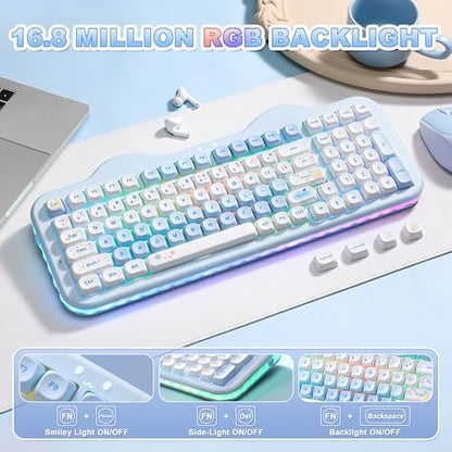 YUNZII C98 Wireless Mechanical Keyboard with Number Pad,98 Key BT5.0/2.4G/USB-C Hot Swap Gasket Mount with PBT MOA Keycaps,Custom RGB,Cute Cake Keyboard for Win/Mac (Blue, Milk V2 Linear Switch) - color: Blue, size: Milk V2 Linear Switch