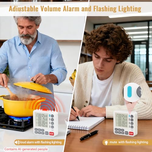 Digital Dual Kitchen Timer, 4 Channels Independent Countdown Timer, Large Display, On/Off, Loud Volume Alarm and Flashing Light with Magnetic Back, Stand, Battery Included (White) - color: White