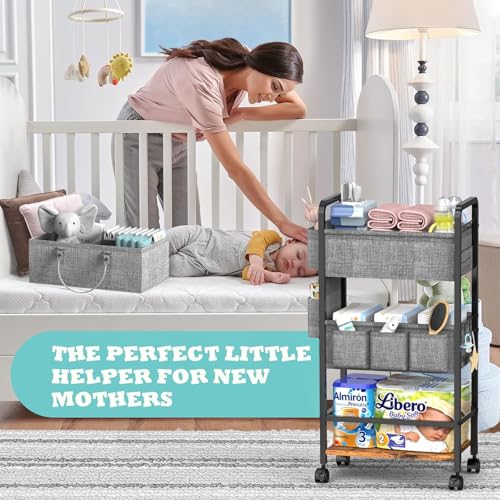 LIDTOP 2In1 Baby Diaper Caddy & 4-Tier Rolling Diaper Cart, Diaper Caddy Organizer Cart with Dividers & Drawer, Mobile Metal Bedside Cart for Nursery Essentials Storage, Large Capacity - color: Black(with Drawer)