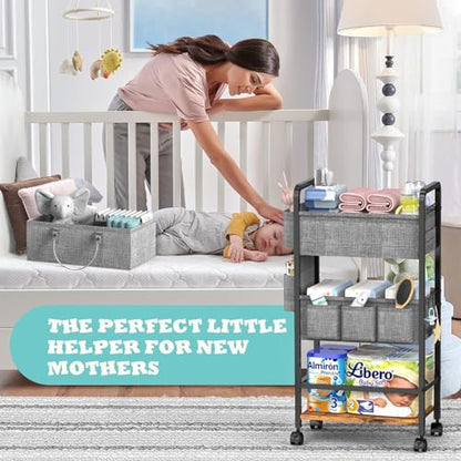 LIDTOP 2In1 Baby Diaper Caddy & 4-Tier Rolling Diaper Cart, Diaper Caddy Organizer Cart with Dividers & Drawer, Mobile Metal Bedside Cart for Nursery Essentials Storage, Large Capacity - color: Black(with Drawer)