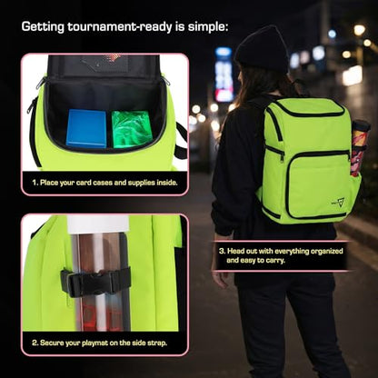 BCW Spectrum TCG Backpack | Holds 7–9 Prism Deck Cases | Configurable Storage for Cards & Gear | Playmat Strap & Side Pocket | Durable & Travel-Friendly Design | Radioactive Green - color: Radioactive Green