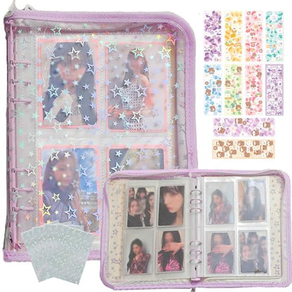 Kpop Photocard Binder with 6 Stickers Sheet & 50 Shinning Protective Sleeves Kpop Photocard Holder Book with Kpop Photocard, A5 Binder Photocard Album 30 Inner Pages with 240 Pockets (Lightpurple) - color: Lightpurple