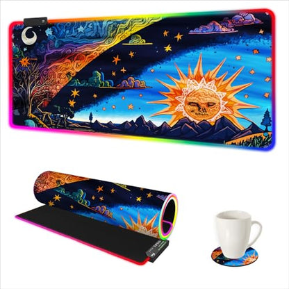 AIMSA Large Gaming Mouse Pad RGB, Keyboard Led Mousepad Extended 35.4 x 15.8 inch Non-Slip Rubber Base with 14 Lighting Modes Desk Mat, Abstract Sun - color: Abstract Sun
