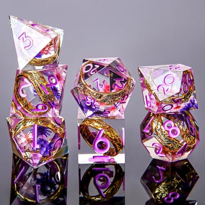 Ring DND Dice Set Sharp Edge Resin Dice,Golden Ring Inclusion Suitable for Lord of the Ring D&D Dice RPG Role Playing Games Suitable for Dungeons and Dragons Polyhedral Dice Set（Flower Pink） - color: Flower-purple