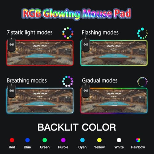 Billiard Gaming Gaming Mouse Pad Led Mousepads RGB Backlit with 14 Lighting Modes, Non Slip Base Soft Computer Keyboard Mat for Gaming PC Laptop Desk, S - size: Small: 31.5 x 11.8in