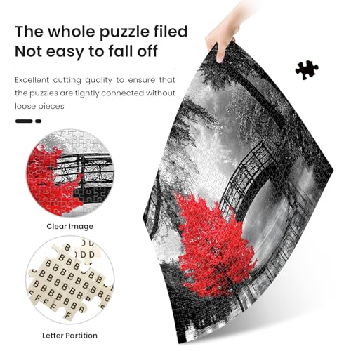 najiaxiaowu Adult Puzzle Classic Jigsaw Puzzle 1000 Pieces Wooden Puzzle DIY Black and White Bridge and Red Tree Modern Home Decor Intellectual Game Wall Art Unique Gift 75x50cm