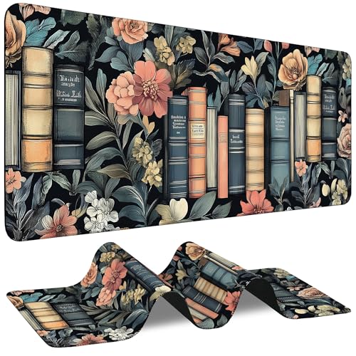 Large Mouse Pad Retro Books and Flower Waterproof Extra Large Mousepad with Stitched Edges Non-Slip Rubber Base Computer Protector Desk Pad for School Office Home 35.4"X 15.7" - color: Mystical Gothic Library