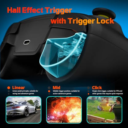 Wireless PC Controller with Hall Effect Joysticks & Triggers, 1000Hz Polling Rate, Trigger Locks, Bluetooth Pro Gaming Controller for PC/Steam/Luna/Tesla - 4 Macros and Turbo, Dynamic RGB, Black - color: Black