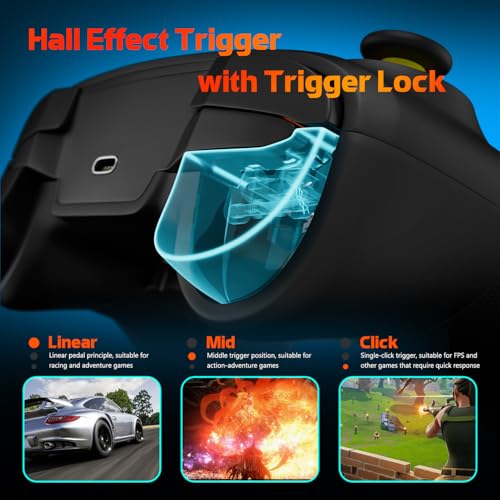 Wireless PC Controller with Hall Effect Joysticks & Triggers, 1000Hz Polling Rate, Trigger Locks, Bluetooth Pro Gaming Controller for PC/Steam/Luna/Tesla - 4 Macros and Turbo, Dynamic RGB, Black - color: Black