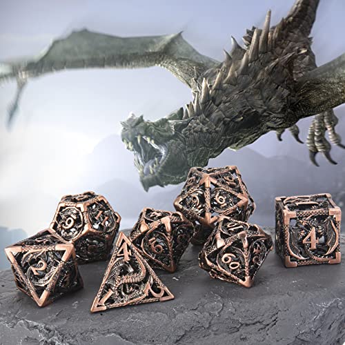 DND Dice,Hollow D&D Metal Dice,Dungeons and Dragons Dice Set with Gift Box,7 PCs Steampunk Polyhedral Dice Games Set for RPG,MTG,Pathfinder, - color: Dragon Copper