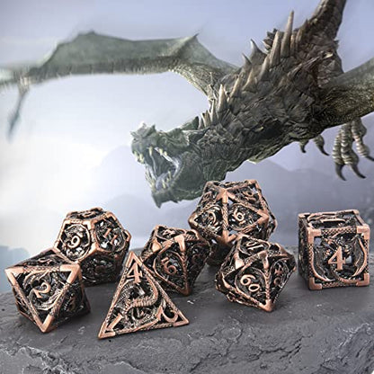 DND Dice,Hollow D&D Metal Dice,Dungeons and Dragons Dice Set with Gift Box,7 PCs Steampunk Polyhedral Dice Games Set for RPG,MTG,Pathfinder, - color: Dragon Copper