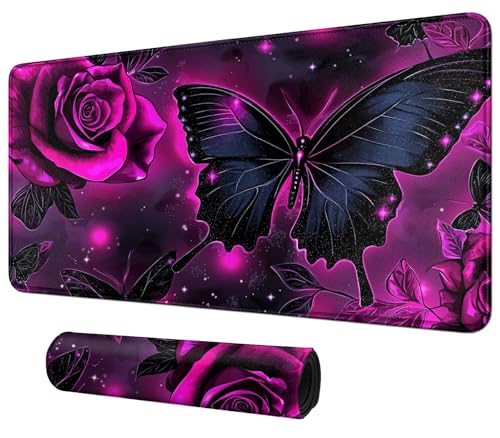 Purple Rose and Butterfly for MTG & TCG Playmat Mouse Pad,BFDHGQZC 24" x 14" Game Mat for MTG/RPG/CCG Trading Card Game Playmats Table Mat Perfect for Card Games Video Games Computer Office - color: Purple Rose and Butterfly