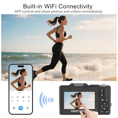FLATIC 5K Digital Camera, 75MP Cameras for Photography with WiFi & 64GB TF Card, Autofoucs Vlogging Camera for YouTube with 180° Flip Screen, Vlog Camera Kit for Beginner, Teens