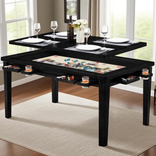63"x39" Board Game Table with Removable Top Solid Wood Dining/Gaming Table | Gaming Table for 4-6 Players with Play Mat, 6 Detachable Cup Holders & 6 Hobby Trays (Black) - color: Black