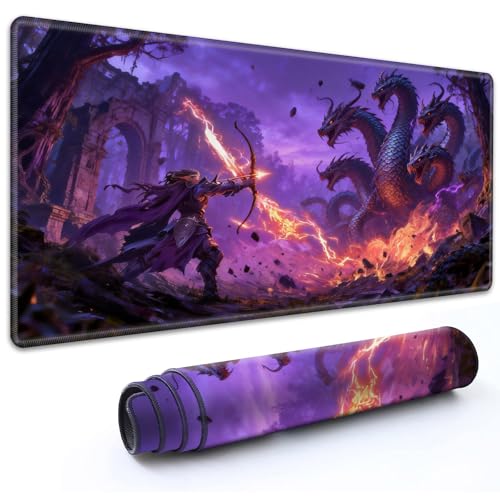 MTG Playmat 24" x 14" with High Elastic Rubber Base Non-Slip Rubber HD Fade-Resistant Printing Durable TCG Gaming for Card Games Desk Mat & Mouse Pad, Elf Archer Vs Hydra Fantasy Battle - color: Elf Archer Vs Hydra Fantasy Battle, size: 24" x 14"