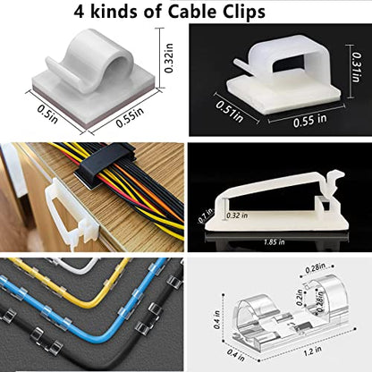 White Cable Management Organizer Kit 4 Cable Sleeve Split 311Pcs | 47Cable Clips 12Cord Clips Holder,22 Cable Ties, 20 adhesive Wall cable Tie, 200Fasten Cable Ties for TV Electronics - size: 322 PCS