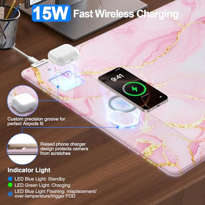 Pink Marble Mouse Pad with 15W Wireless Charging, 31.5"x15.8" in | Large Gaming Desk Pad/Mat for Women Girls, Waterproof Ultra-Smooth Surface, Non-Slip Base - color: Pink Marble-31.5"x15.8"