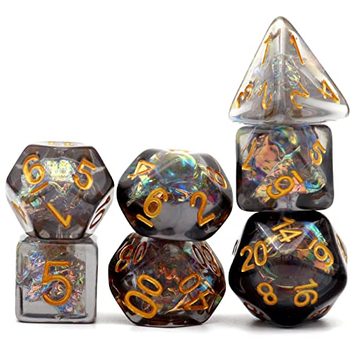 Haxtec Black DND Dice Set, 7 Pcs Iridescent Resin Polyhedral RPG Dice | Role Playing Games Dice with Velvet Pouch, Rounded Edge, Compatible with Dungeons and Dragons, Gifts for D&D Lovers - color: Black Gold