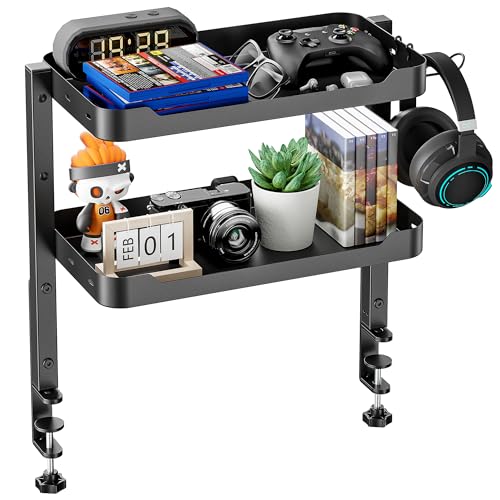 ARES WING 2-Tier Clamp On Desk Shelf, 16 inch Adjustable Above or Under Desk Storage Shelves Holds 66 lbs, Heavy Duty Desktop Organizer with Headphone Holder for Working and Gaming Accessories, Black - color: Black
